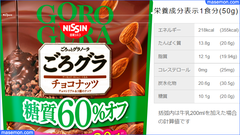 日清シスコの「ごろグラ 糖質60%オフ チョコナッツ」成分表示