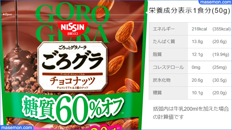 日清シスコの「ごろグラ 糖質60%オフ チョコナッツ」成分表示